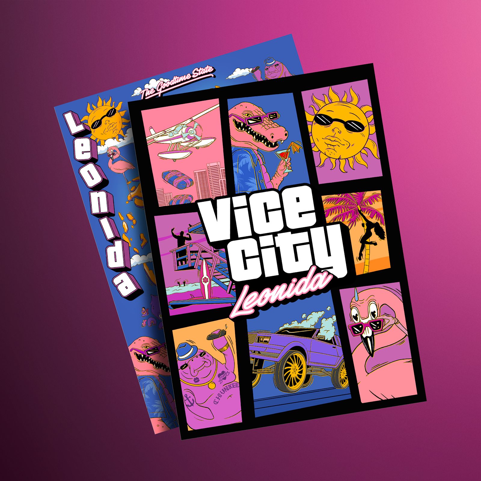 Doppelseitiges Souvenir-Poster der GTA VI Goodtime State Collection mit Übersichtskarte von Leonida