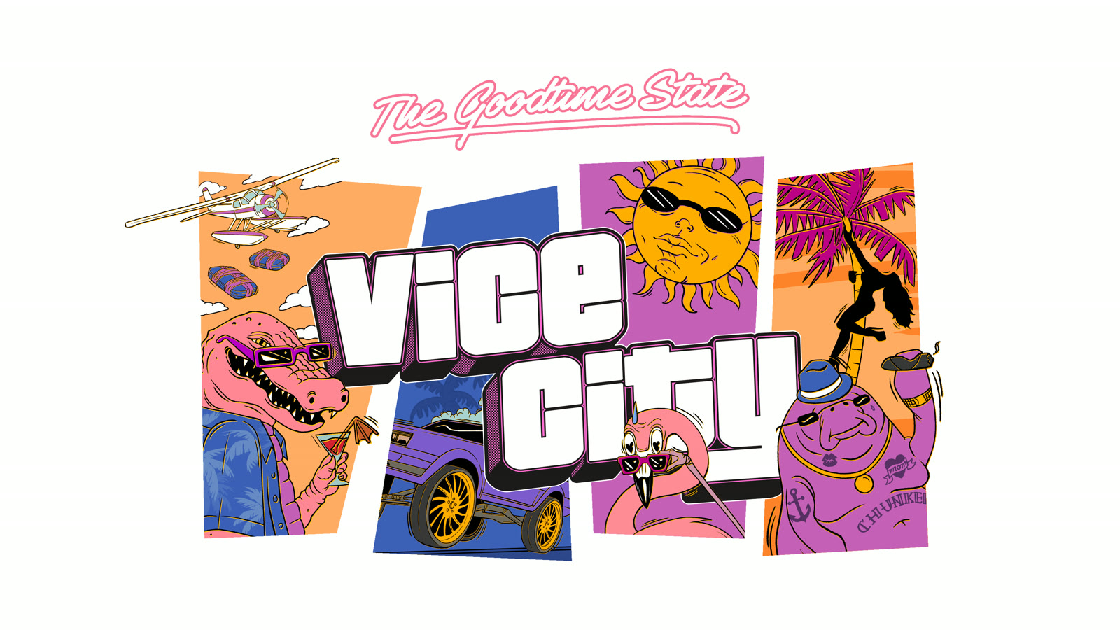 Offizielles Artwork „The Goodtime State – Vice City“ mit Macca the Gator, Flamingo und Chunkee the Manatee