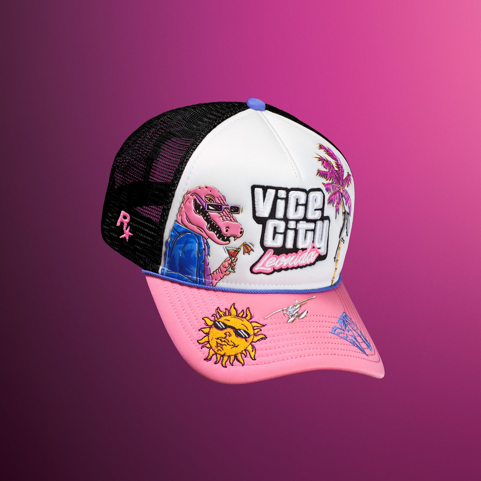 New Era Cap aus der GTA VI Vice City Collection mit Vice-City-Leonida-Stickerei und Aufnähern