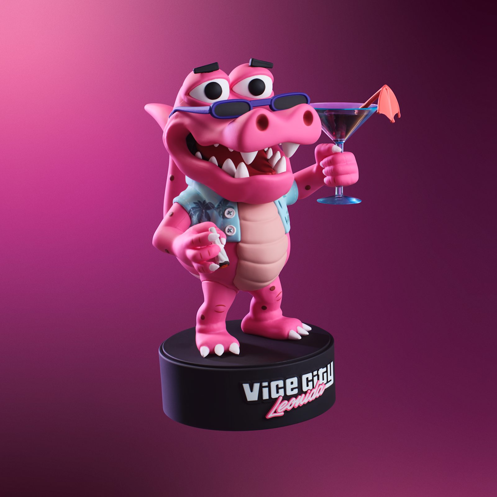Macca the Gator Figur aus der GTA VI Vice City Collection mit Martini-Glas auf aufschraubbarem Sockel