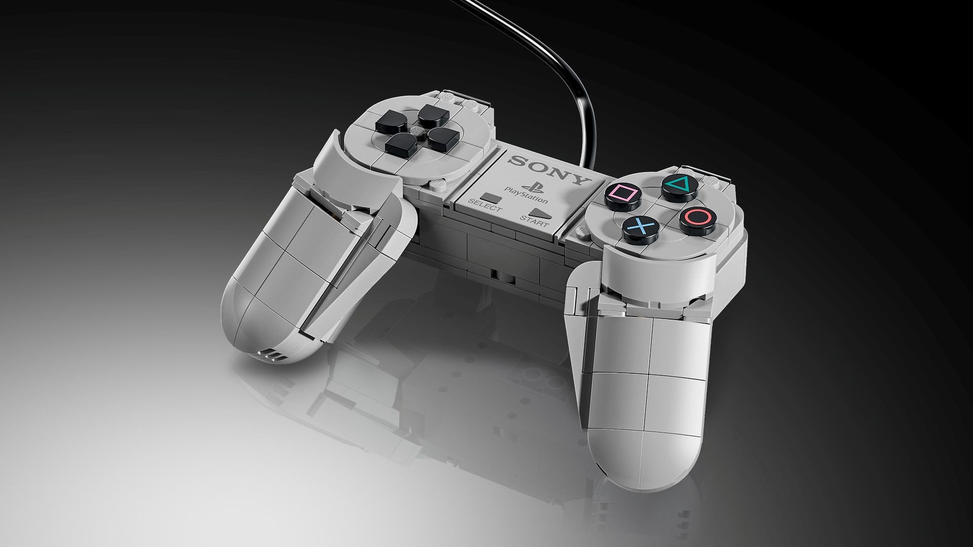 Detailaufnahme des aus LEGO Steinen gebauten originalen PlayStation-Controllers