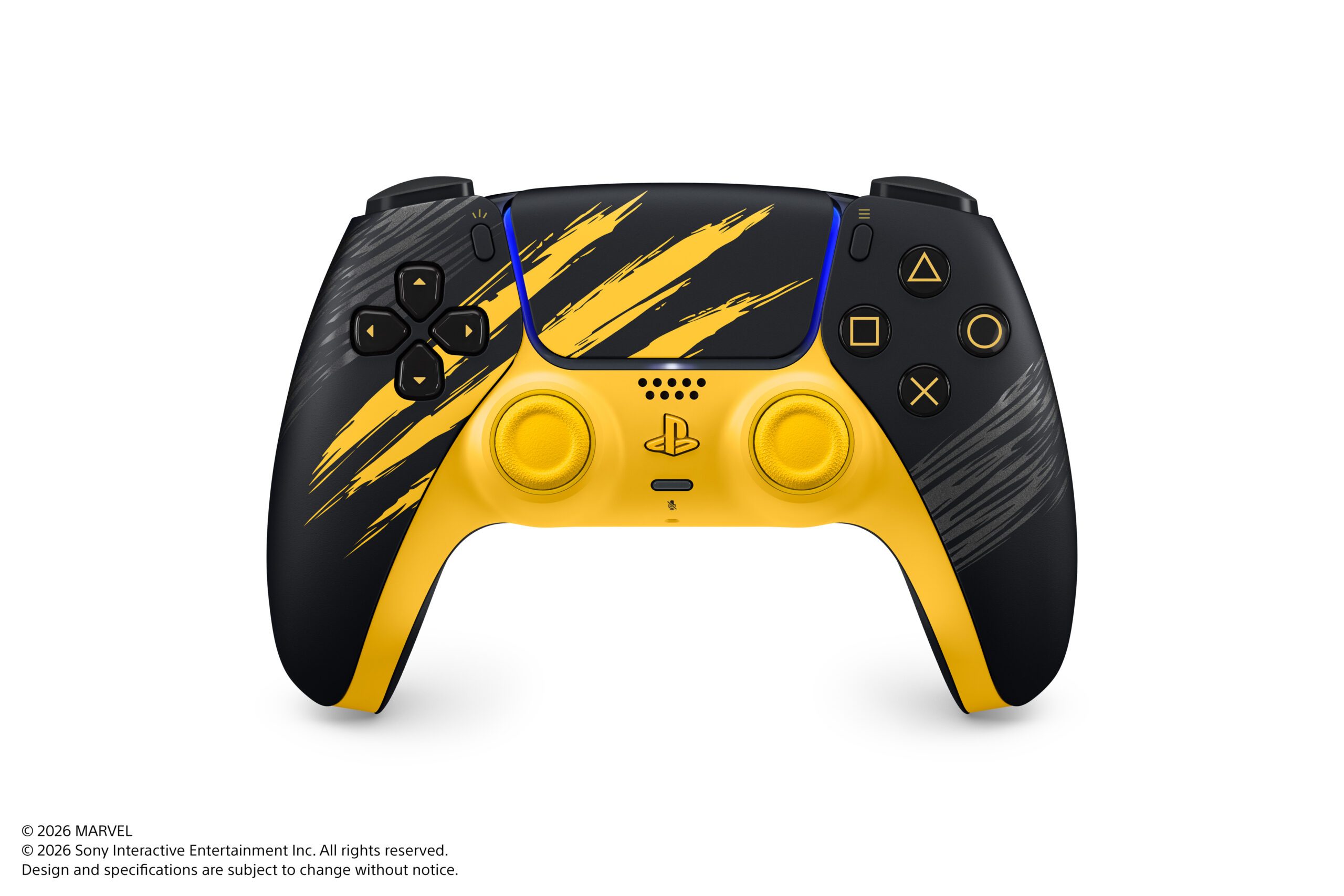 DualSense Wireless Controller im Marvel’s Wolverine Battle Yellow Design mit Krallenspuren