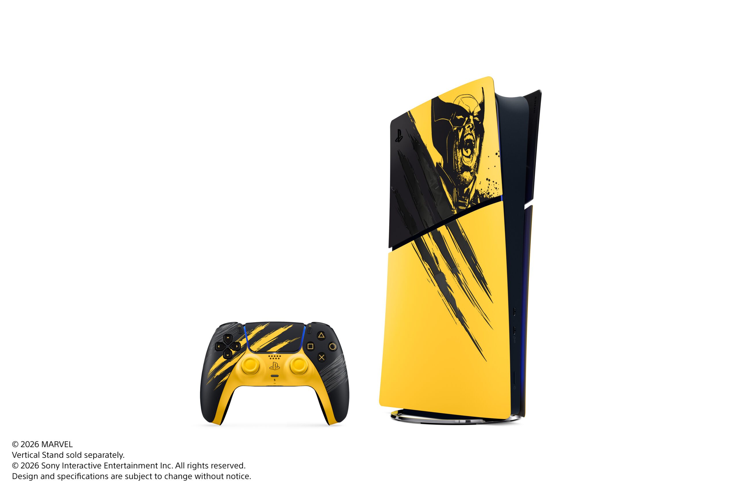 PS5 Digital Edition im gelben Marvel’s Wolverine Battle Yellow Design mit passendem DualSense Controller